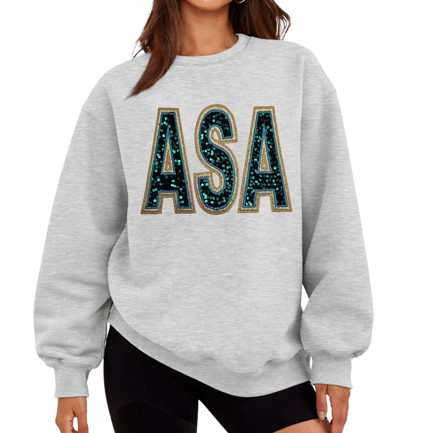 ASA Women's Oversized Teal Sequin & Glitter applique Crewneck