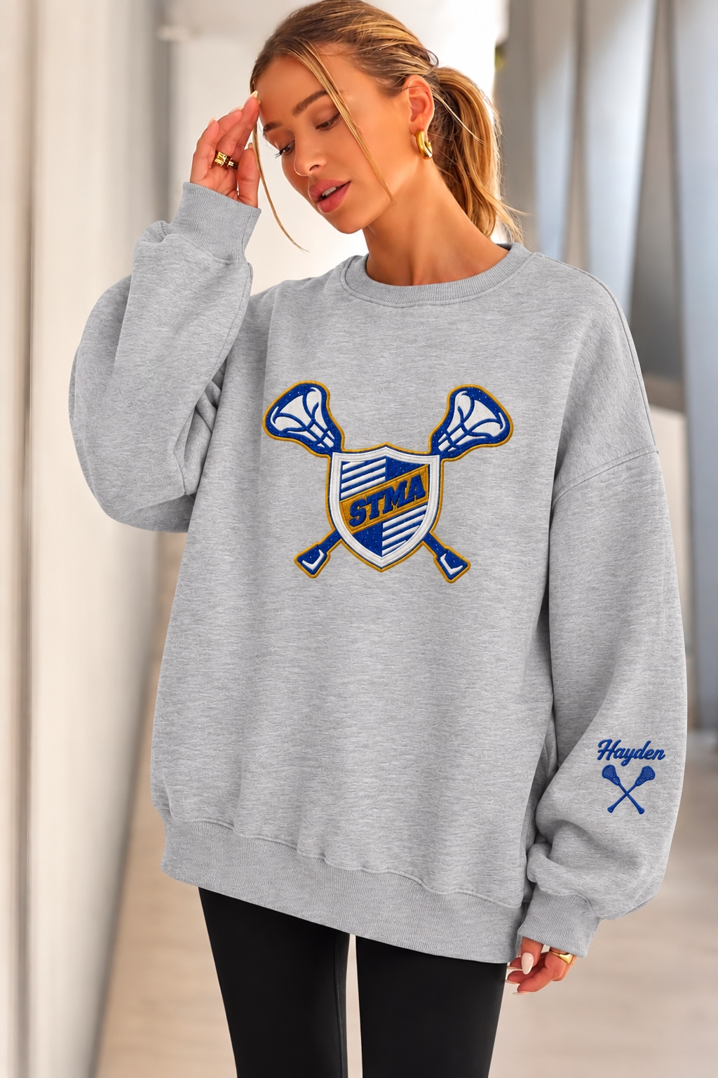 STMA Lacrosse Oversized Glitter Embroidery Crewneck Sweatshirt