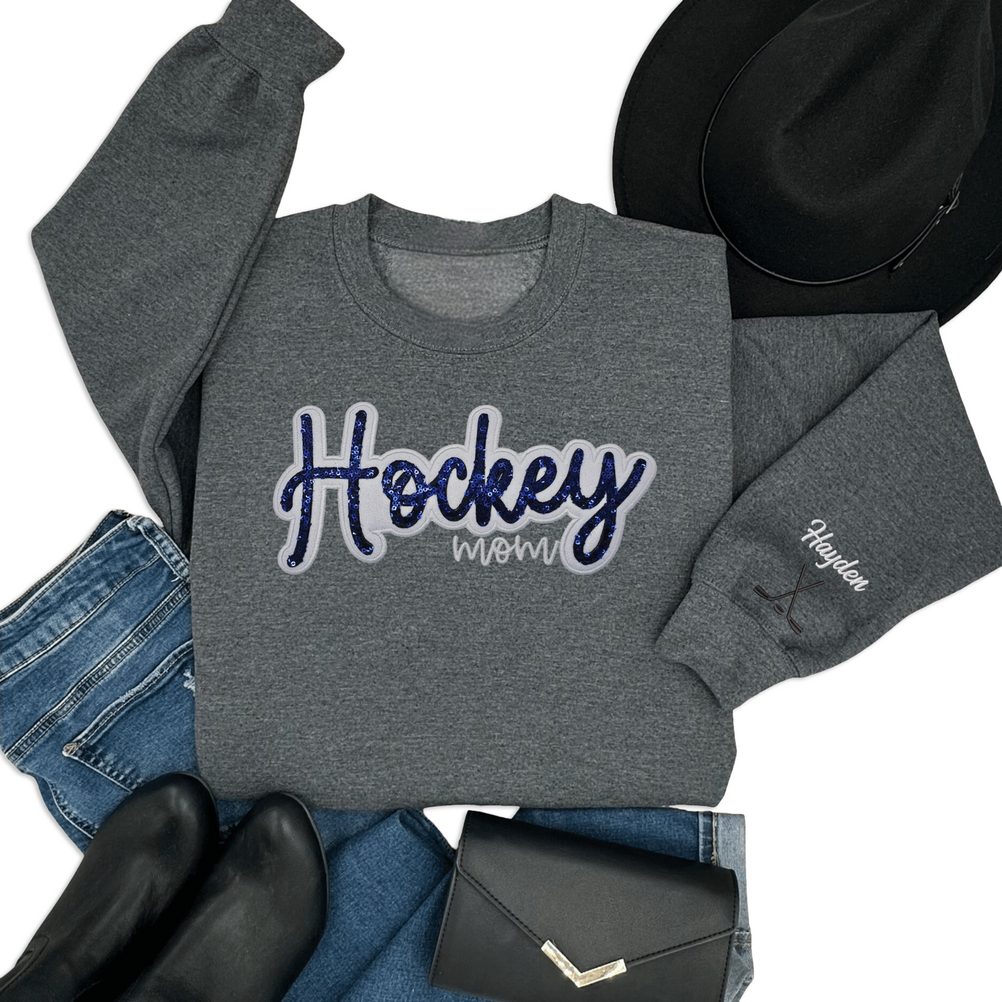 Blaine Hockey Mom Bella Canvas Glitter ✨️ & Sequin Sweatshirt