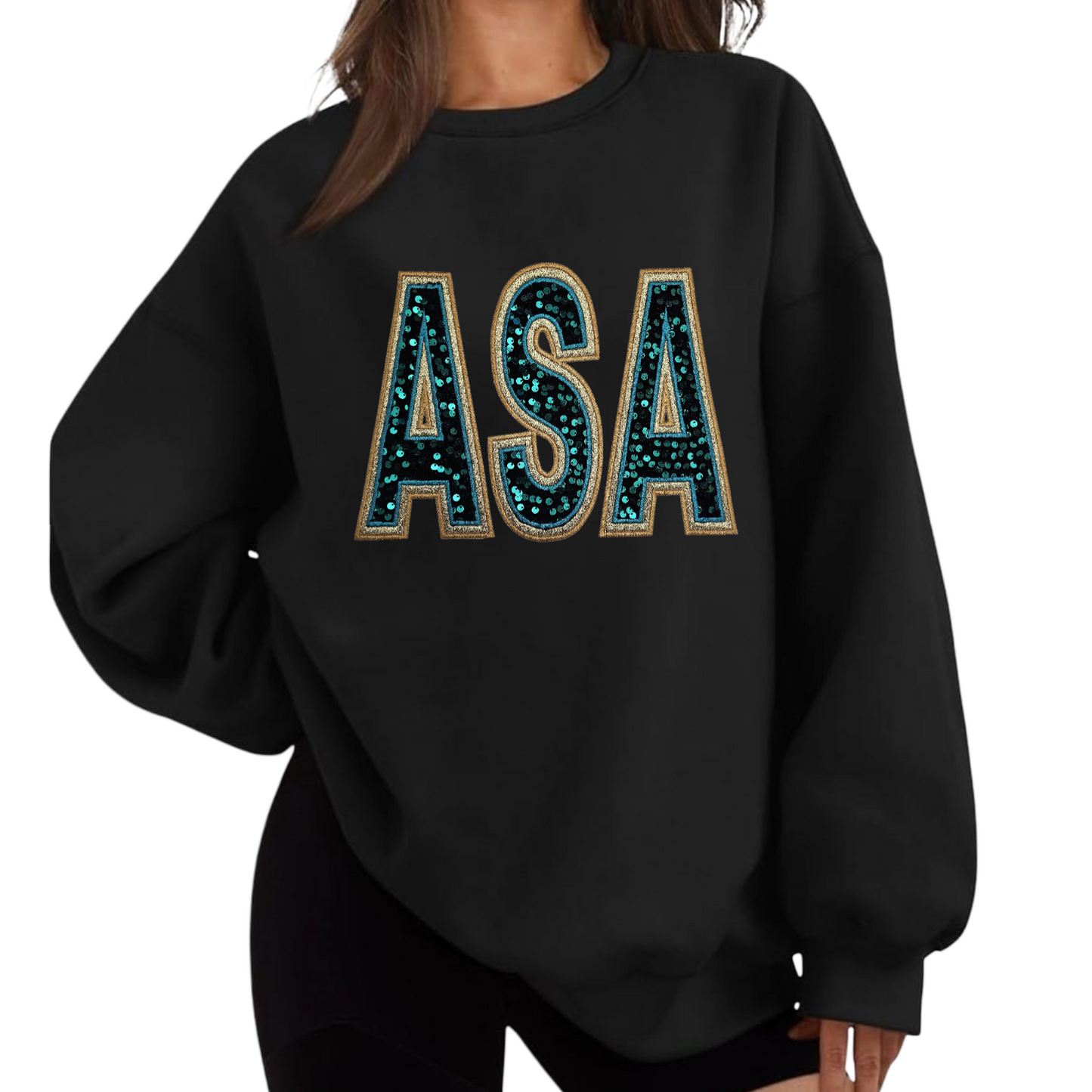 ASA Women's Oversized Teal Sequin & Glitter applique Crewneck