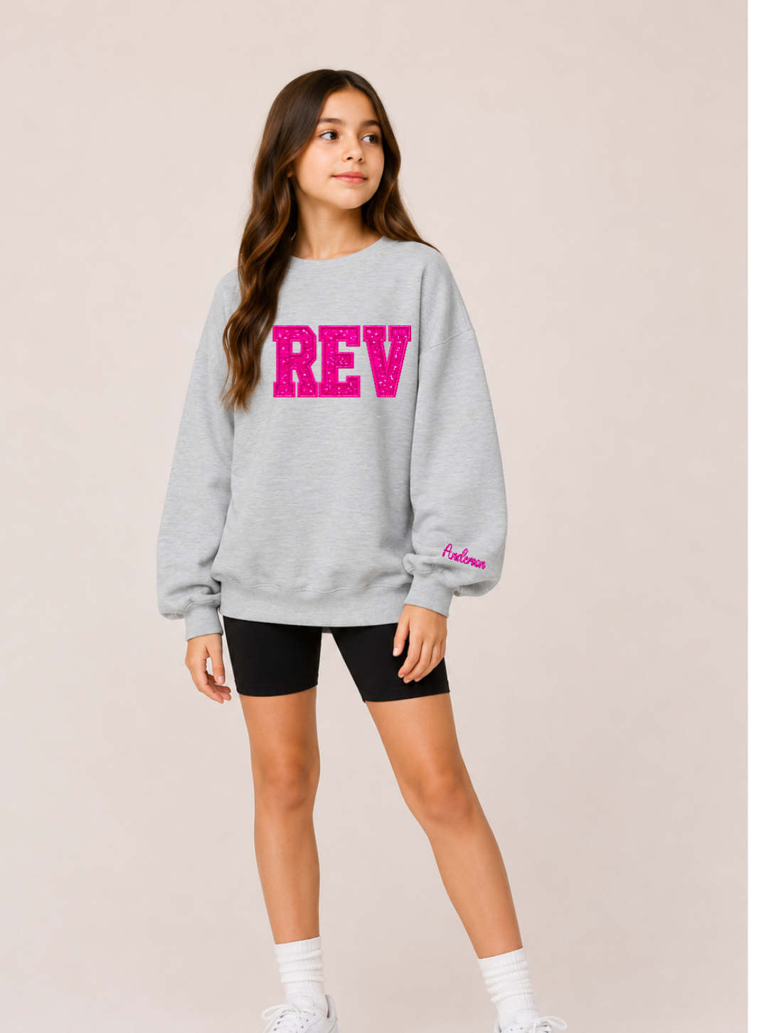 Youth Rev Pink on Gray Sequin Applique
