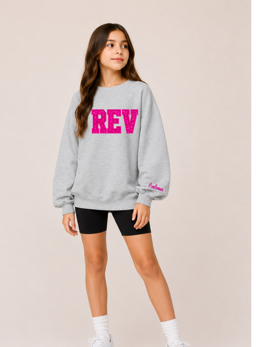 Youth Rev Pink on Gray Sequin Applique