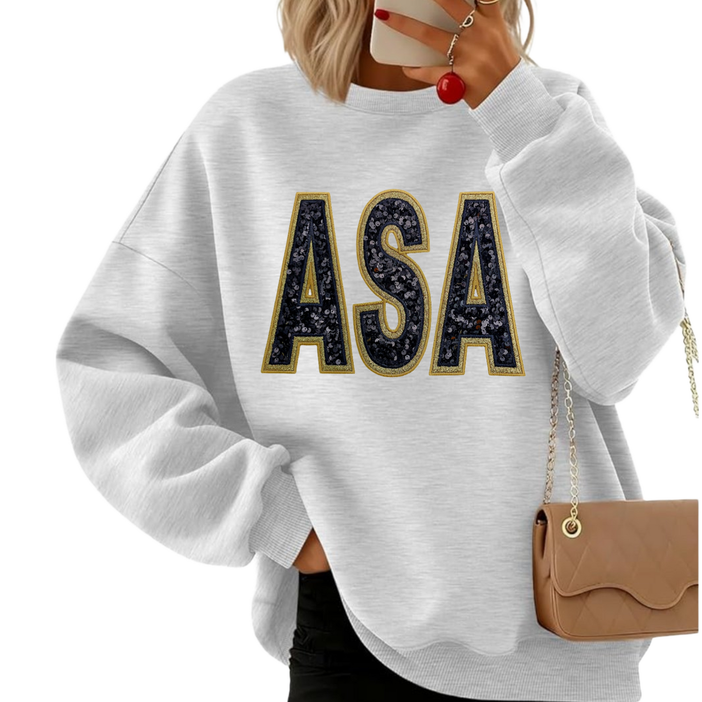ASA Women's Oversized Sequin & Glitter applique Crewneck