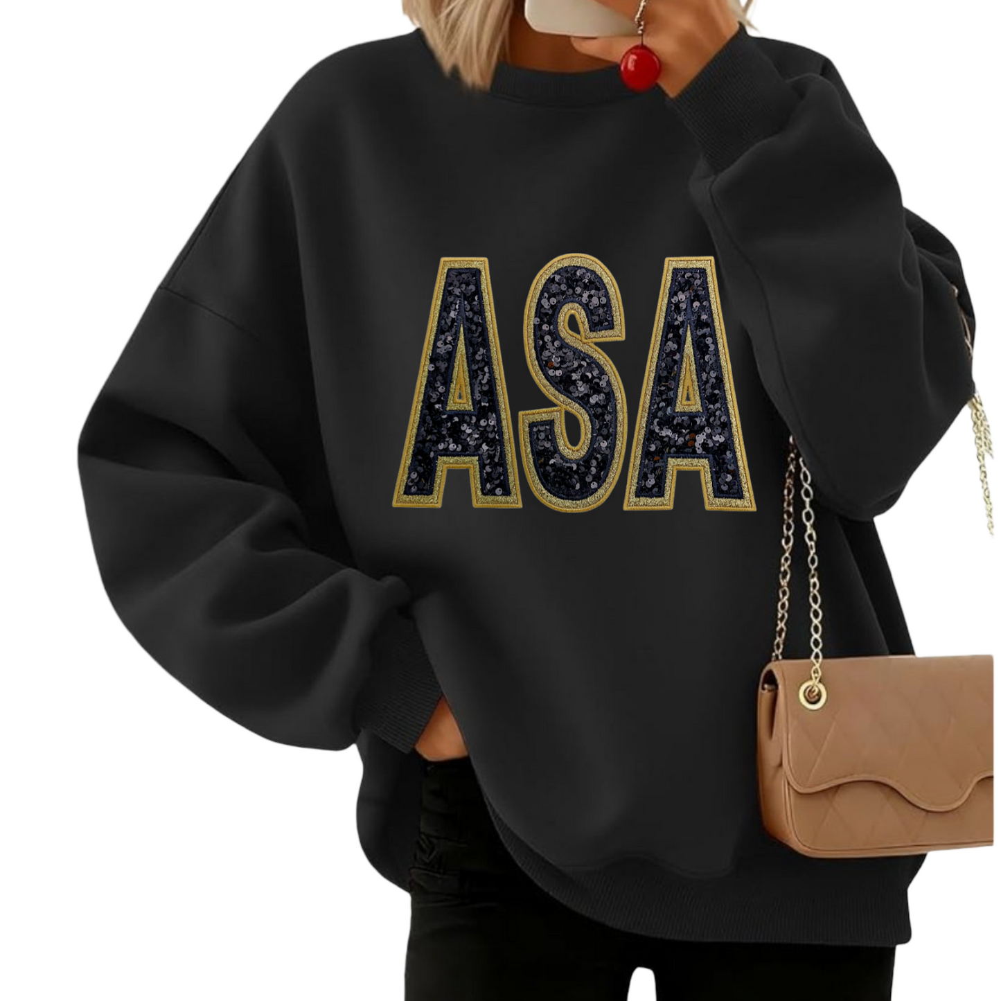 ASA Women's Oversized Sequin & Glitter applique Crewneck