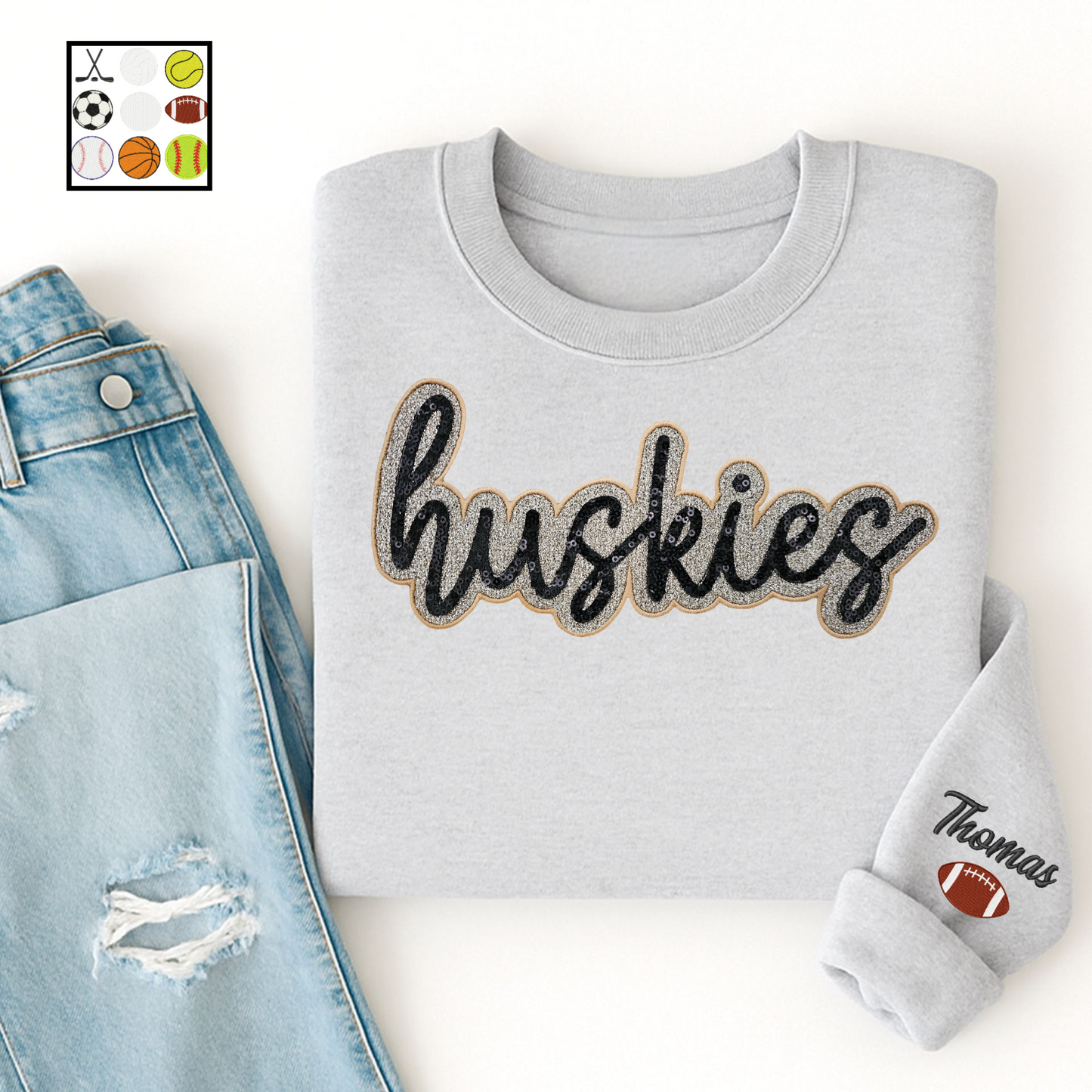 Andover Huskies Sequins & Glitter Bella+Canvas Crew Sweatshirt