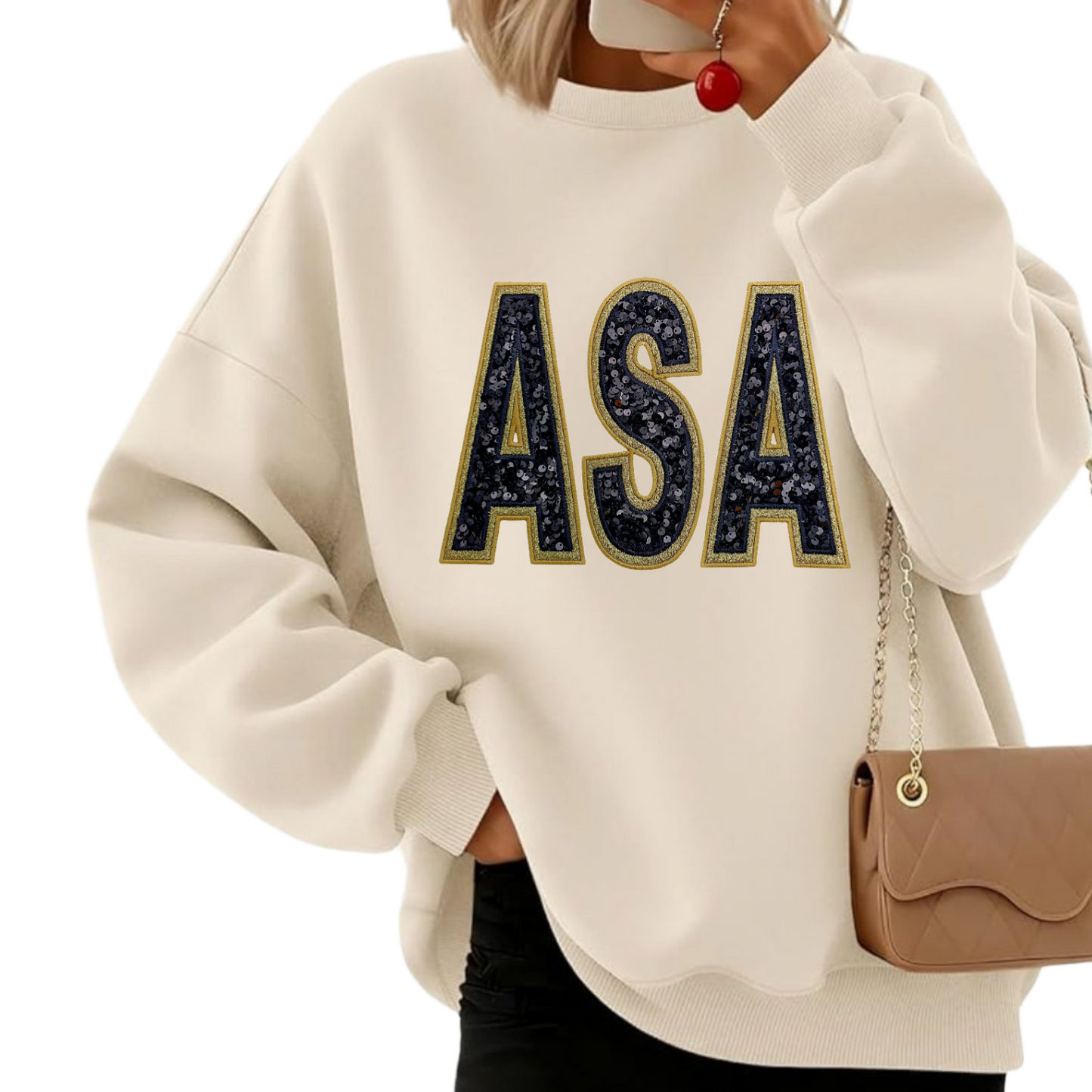 ASA Women's Oversized Sequin & Glitter applique Crewneck