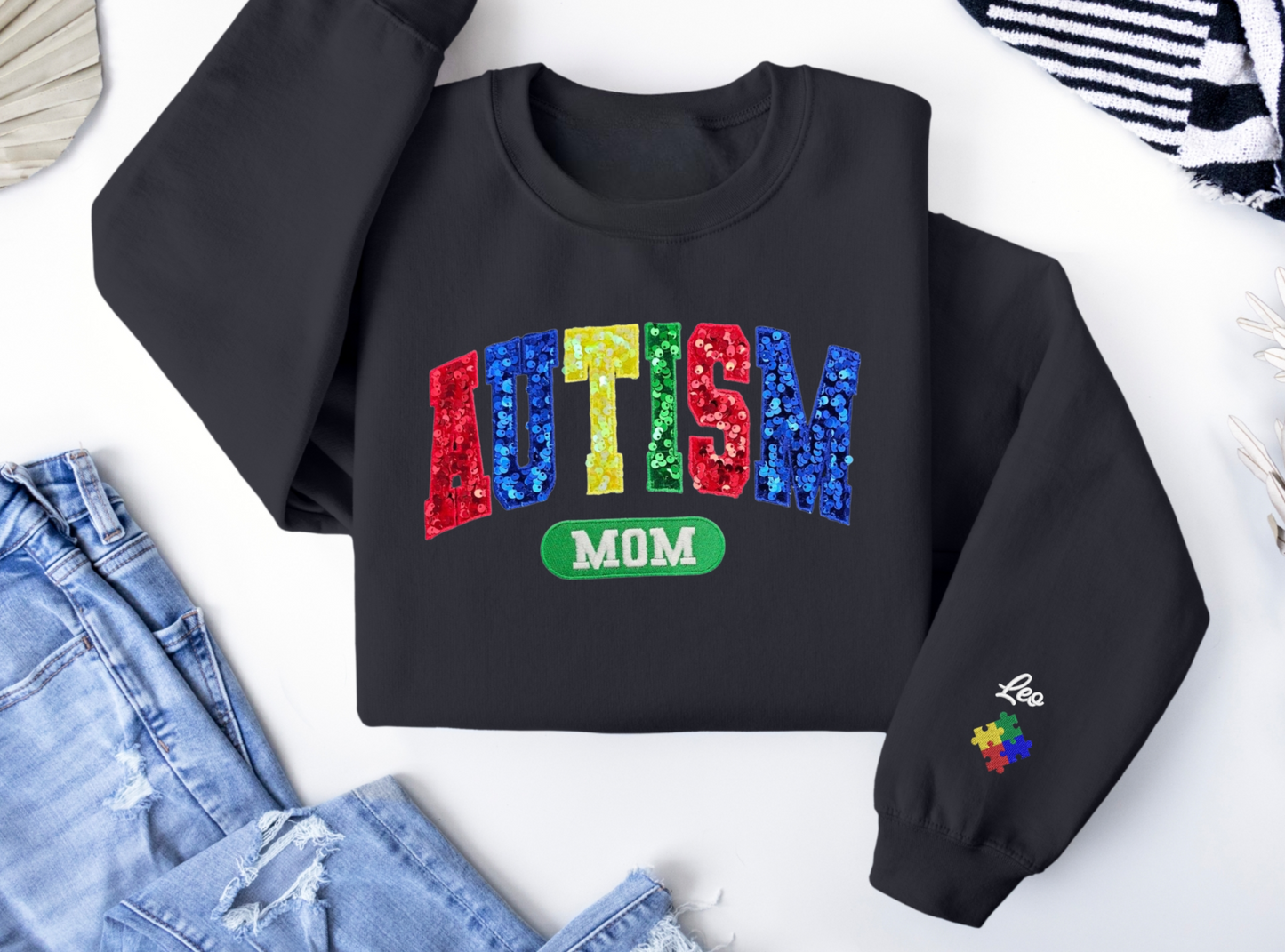 ✨️ Autism Mom Awareness Sequin Applique Bella + Canvas Sweatshirt 💙