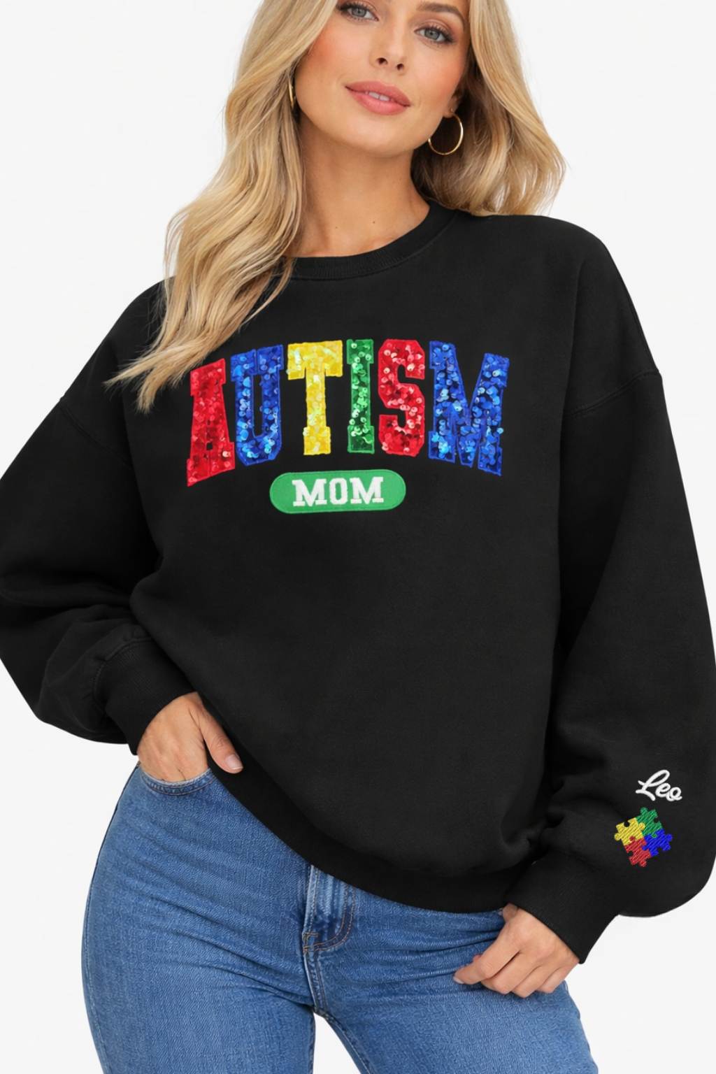 ✨️ Autism Mom Awareness Sequin Applique Bella + Canvas Sweatshirt 💙