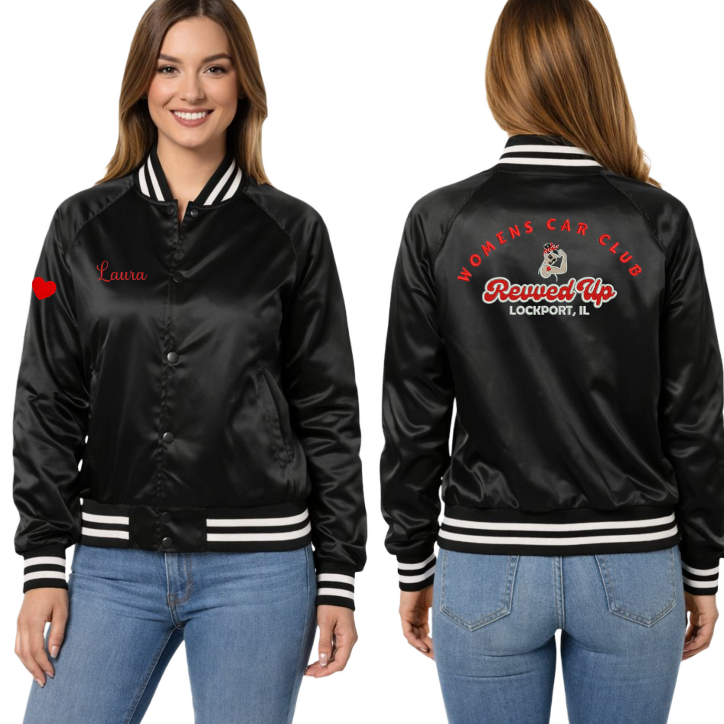 Revved Up Womens Car Club Satin Embroidered Jacket